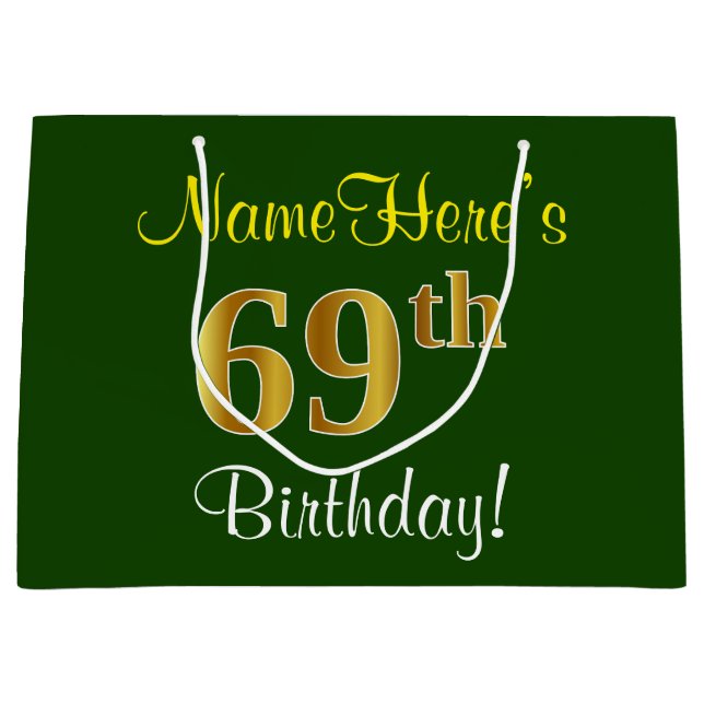 Elegant, Green, Faux Gold 69th Birthday + Name Large Gift Bag (Front)