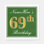 [ Thumbnail: Elegant Green, Faux Gold 69th Birthday + Name Napkins ]