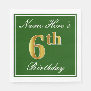 Elegant Green, Faux Gold 6th Birthday; Custom Name Napkins