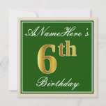 [ Thumbnail: Elegant, Green, Faux Gold 6th Birthday + Name Invitation ]