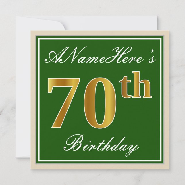 Elegant, Green, Faux Gold 70th Birthday + Name Invitation (Front)