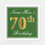 [ Thumbnail: Elegant Green, Faux Gold 70th Birthday + Name Napkins ]