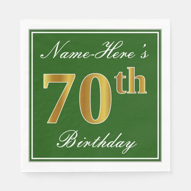 Elegant Green, Faux Gold 70th Birthday + Name Paper Napkins (Front)
