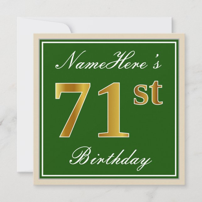 Elegant, Green, Faux Gold 71st Birthday + Name Invitation (Front)