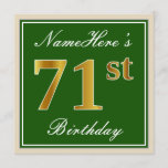 [ Thumbnail: Elegant, Green, Faux Gold 71st Birthday + Name Invitation ]