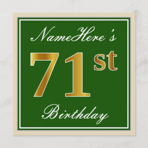 Elegant, Green, Faux Gold 71st Birthday + Name Invitation
