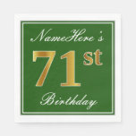 [ Thumbnail: Elegant Green, Faux Gold 71st Birthday + Name Napkins ]