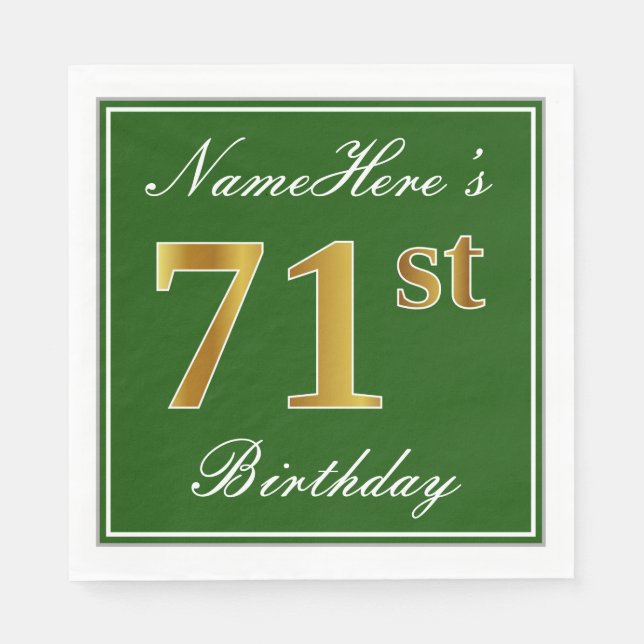 Elegant Green, Faux Gold 71st Birthday + Name Paper Napkins (Front)