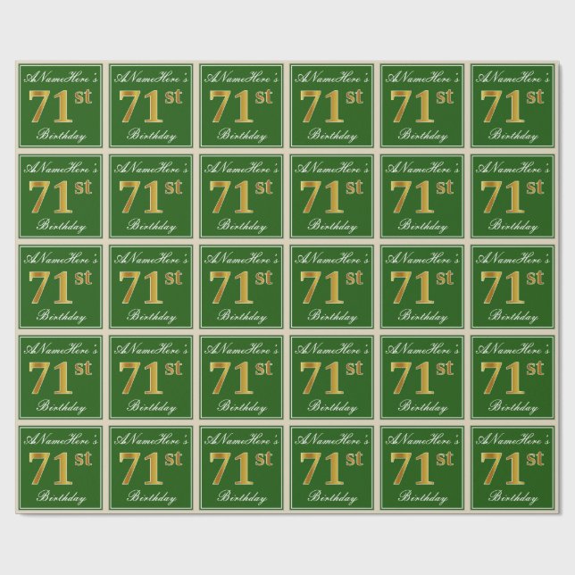 Elegant, Green, Faux Gold 71st Birthday + Name Wrapping Paper (Flat)