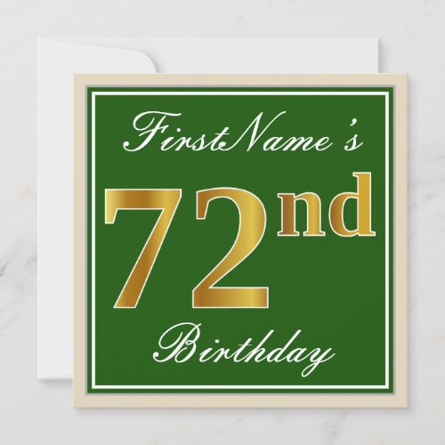 Elegant Green Faux Gold 72nd Birthday  Name Invitation