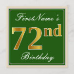 [ Thumbnail: Elegant, Green, Faux Gold 72nd Birthday + Name Invitation ]