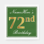 [ Thumbnail: Elegant Green, Faux Gold 72nd Birthday + Name Napkins ]