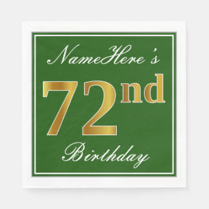 Elegant Green, Faux Gold 72nd Birthday + Name Paper Napkins