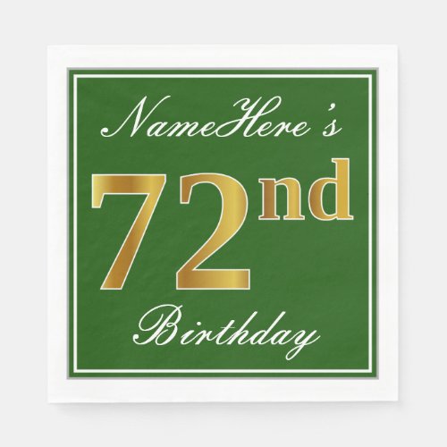 Elegant Green Faux Gold 72nd Birthday  Name Paper Napkins