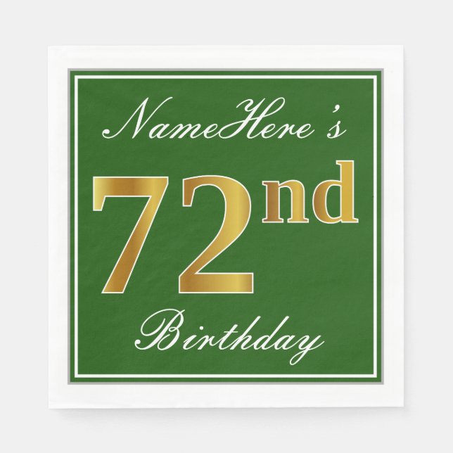 Elegant Green, Faux Gold 72nd Birthday + Name Paper Napkins (Front)