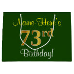 [ Thumbnail: Elegant, Green, Faux Gold 73rd Birthday + Name Gift Bag ]