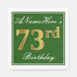 [ Thumbnail: Elegant Green, Faux Gold 73rd Birthday + Name Napkins ]
