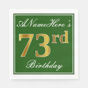 Elegant Green, Faux Gold 73rd Birthday + Name Napkins