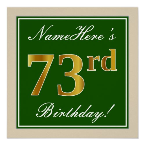 Elegant Green Faux Gold 73rd Birthday  Name Poster