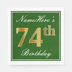 Elegant Green, Faux Gold 74th Birthday + Name Napkins