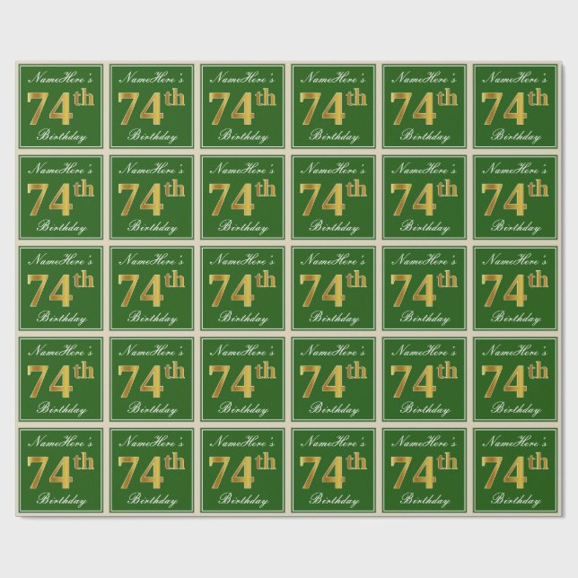 Elegant, Green, Faux Gold 74th Birthday + Name Wrapping Paper (Flat)