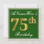 [ Thumbnail: Elegant, Green, Faux Gold 75th Birthday + Name Invitation ]
