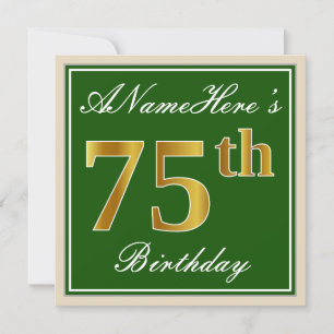Elegant, Green, Faux Gold 75th Birthday + Name Invitation