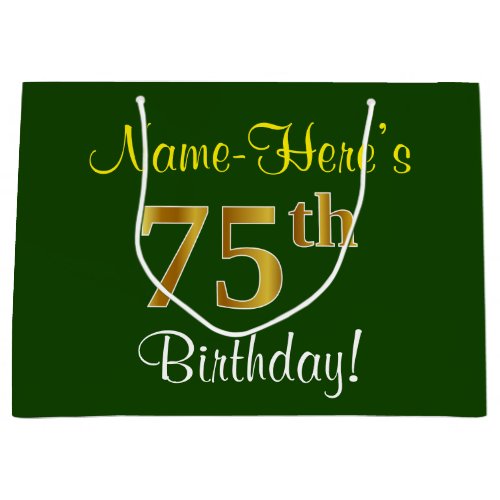Elegant Green Faux Gold 75th Birthday  Name Large Gift Bag