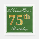 [ Thumbnail: Elegant Green, Faux Gold 75th Birthday + Name Napkins ]
