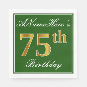 Elegant Green, Faux Gold 75th Birthday + Name Paper Napkins