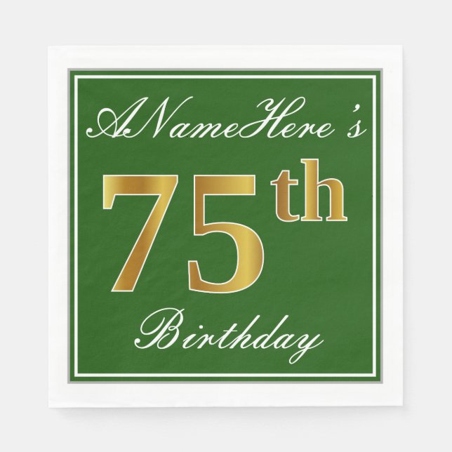 Elegant Green, Faux Gold 75th Birthday + Name Paper Napkins (Front)