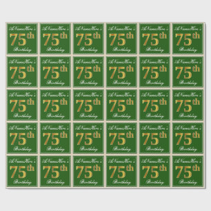Elegant, Green, Faux Gold 75th Birthday + Name Wrapping Paper
