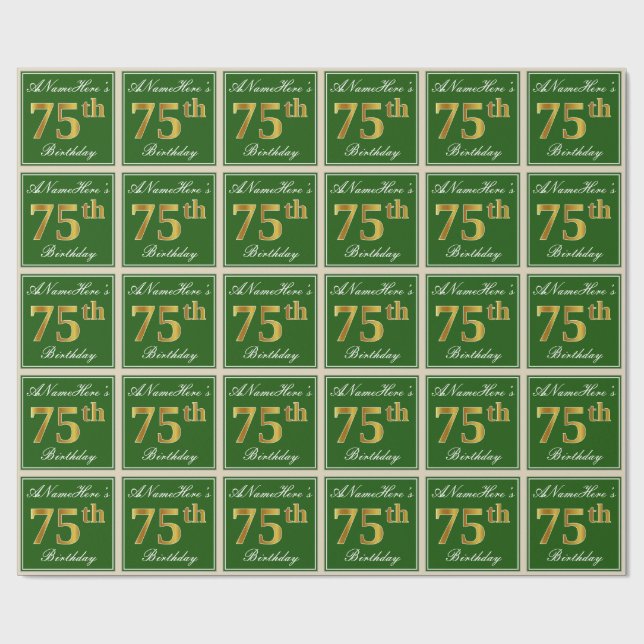 Elegant, Green, Faux Gold 75th Birthday + Name Wrapping Paper (Flat)