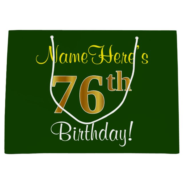 Elegant, Green, Faux Gold 76th Birthday + Name Large Gift Bag (Front)