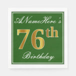 [ Thumbnail: Elegant Green, Faux Gold 76th Birthday + Name Napkins ]