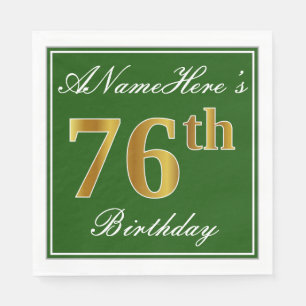 Elegant Green, Faux Gold 76th Birthday + Name Napkins