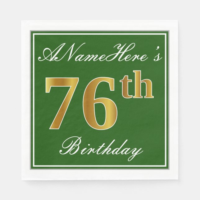 Elegant Green, Faux Gold 76th Birthday + Name Napkins (Front)