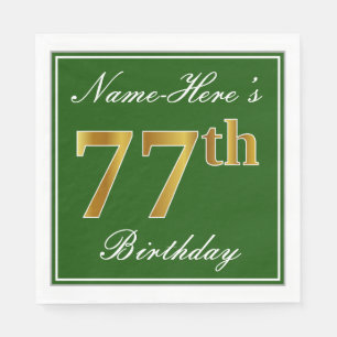 Elegant Green, Faux Gold 77th Birthday + Name Paper Napkins