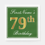 [ Thumbnail: Elegant Green, Faux Gold 79th Birthday + Name Napkins ]
