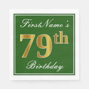 Elegant Green, Faux Gold 79th Birthday + Name Paper Napkins