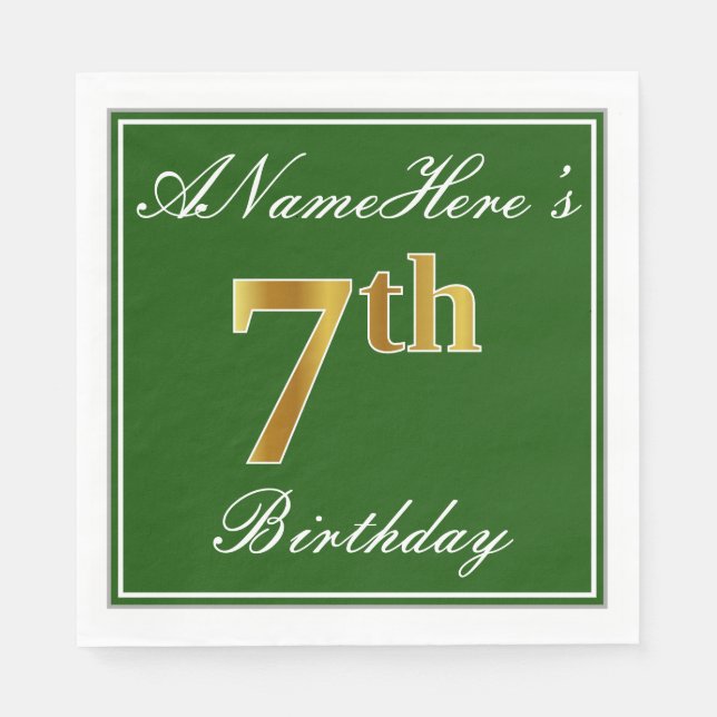 Elegant Green, Faux Gold 7th Birthday; Custom Name Paper Napkins (Front)