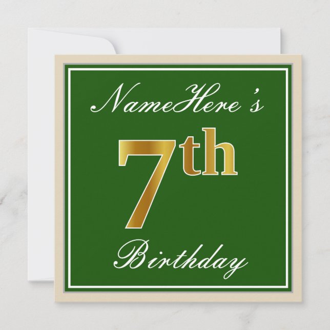 Elegant, Green, Faux Gold 7th Birthday + Name Invitation (Front)