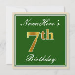 [ Thumbnail: Elegant, Green, Faux Gold 7th Birthday + Name Invitation ]
