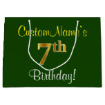 [ Thumbnail: Elegant, Green, Faux Gold 7th Birthday + Name Gift Bag ]