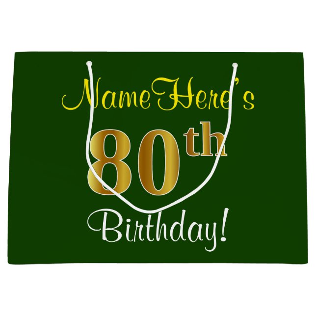 Elegant, Green, Faux Gold 80th Birthday + Name Large Gift Bag (Front)