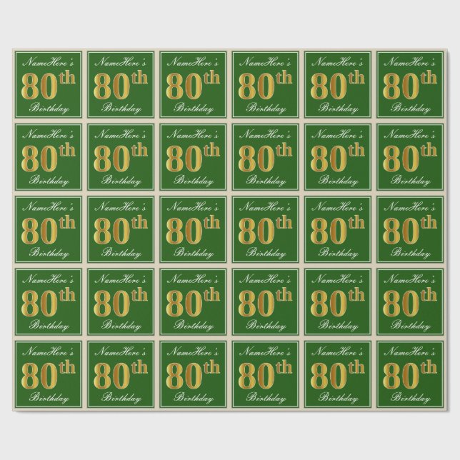 Elegant, Green, Faux Gold 80th Birthday + Name Wrapping Paper (Flat)