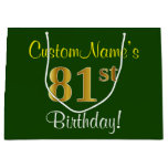 [ Thumbnail: Elegant, Green, Faux Gold 81st Birthday + Name Gift Bag ]