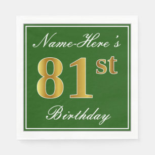 Elegant Green, Faux Gold 81st Birthday + Name Napkins