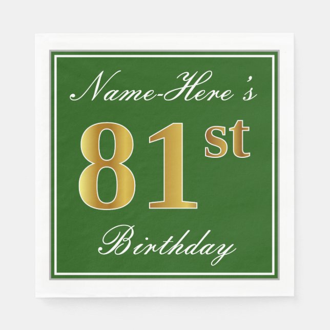 Elegant Green, Faux Gold 81st Birthday + Name Napkins (Front)