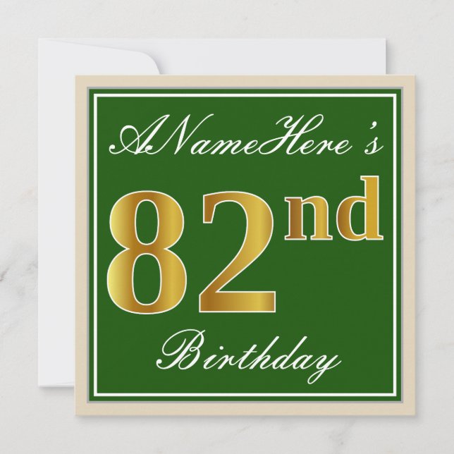 Elegant, Green, Faux Gold 82nd Birthday + Name Invitation (Front)